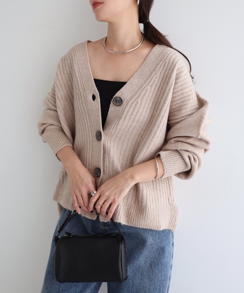 セール】リブ編みボックスシルエット長袖ニットカーディガン