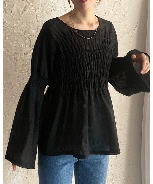 She's Closet(シーズクローゼット)の「長袖フレアスリーブシャーリングギャザーシアーペプラムブラウス(シャツ/ブラウス・レディース・ブラック/アイボリー・FREE)」の6枚目の写真