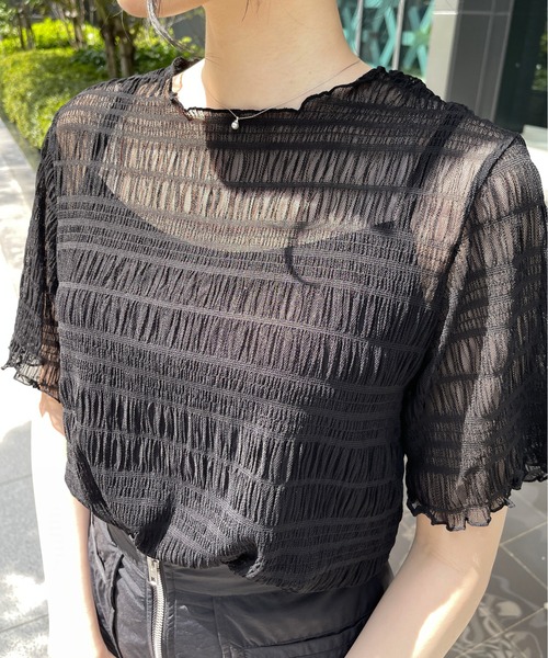 Meli rich（メリーリッチ）の「キャミ付き半袖フリルトップス（Tシャツ/カットソー・レディース・ナチュラル/ブラック・MEDIUM）」の9枚目の写真