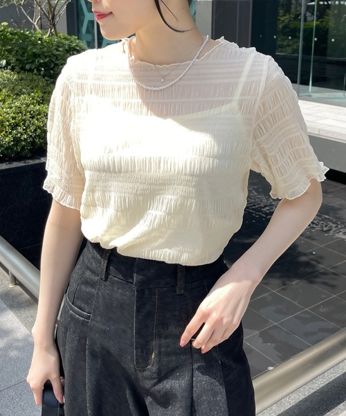 Meli rich（メリーリッチ）の「キャミ付き半袖フリルトップス（Tシャツ/カットソー・レディース・ナチュラル/ブラック・MEDIUM）」の3枚目の写真