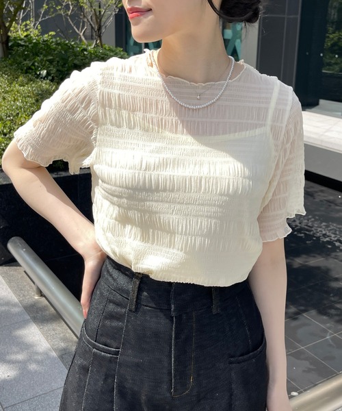 Meli rich（メリーリッチ）の「キャミ付き半袖フリルトップス（Tシャツ/カットソー・レディース・ナチュラル/ブラック・MEDIUM）」の4枚目の写真