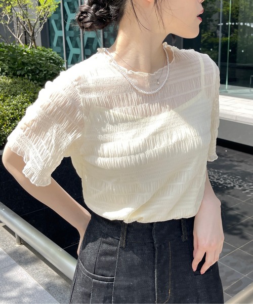 Meli rich（メリーリッチ）の「キャミ付き半袖フリルトップス（Tシャツ/カットソー・レディース・ナチュラル/ブラック・MEDIUM）」の6枚目の写真