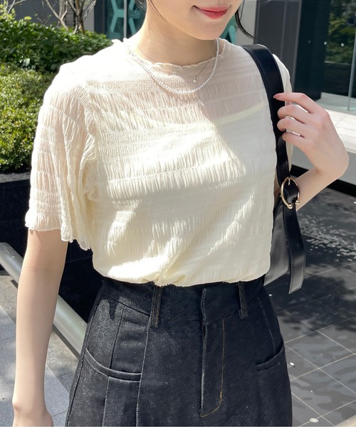 Meli rich（メリーリッチ）の「キャミ付き半袖フリルトップス（Tシャツ/カットソー・レディース・ナチュラル/ブラック・MEDIUM）」の7枚目の写真