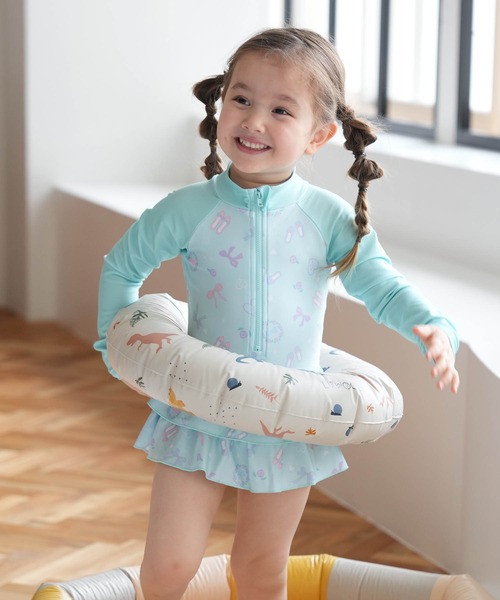 キッズ水着 長袖ラッシュガードワンピース 女の子 リボン柄
