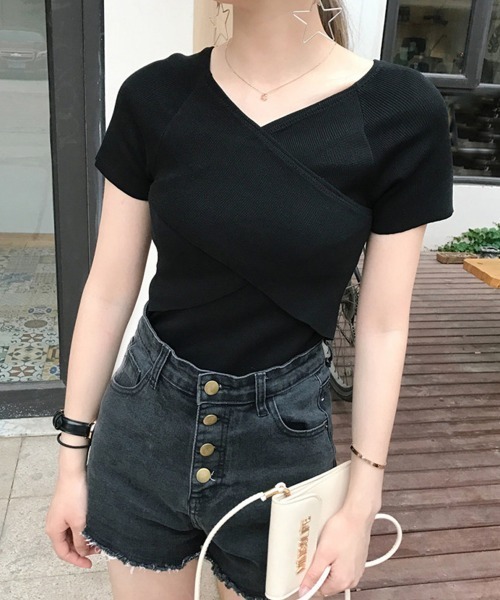 Miniministore(ミニミニストア)の「セクシー トップス 着やせ 夏ニット(Tシャツ/カットソー・レディース・オレンジ/ホワイト/ブラック・FREE)」の2枚目の写真