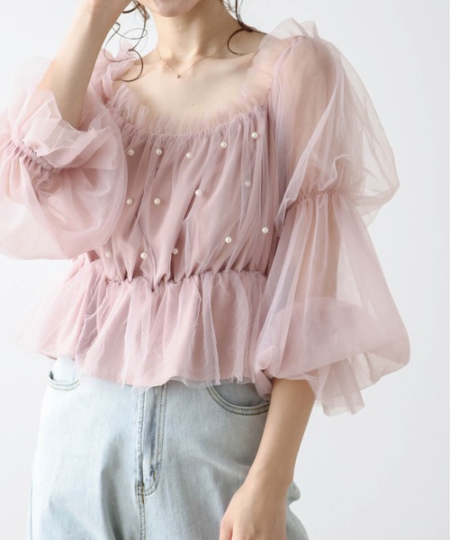 AMELY(エミリー)の「チュールパールボリューム袖ブラウス(シャツ/ブラウス・レディース・ピンク/ブラック/ホワイト・フリー)」の22枚目の写真