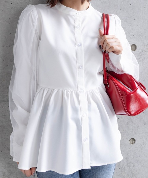 clear（クリア）の「長袖チュールドッキングペプラムブラウス [ふんわり 美シルエット]≪再入荷≫（シャツ/ブラウス・レディース・チャコールグレー/オフホワイト/ブルーグレー・F）」の2枚目の写真