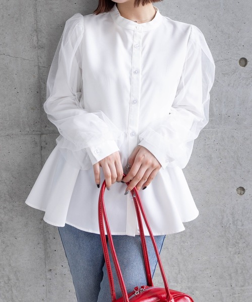 clear（クリア）の「長袖チュールドッキングペプラムブラウス [ふんわり 美シルエット]≪再入荷≫（シャツ/ブラウス・レディース・チャコールグレー/オフホワイト/ブルーグレー・F）」の5枚目の写真