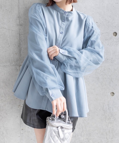 clear（クリア）の「長袖チュールドッキングペプラムブラウス [ふんわり 美シルエット]≪再入荷≫（シャツ/ブラウス・レディース・チャコールグレー/オフホワイト/ブルーグレー・F）」の8枚目の写真