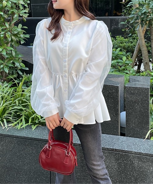 clear（クリア）の「長袖チュールドッキングペプラムブラウス [ふんわり 美シルエット]≪再入荷≫（シャツ/ブラウス・レディース・チャコールグレー/オフホワイト/ブルーグレー・F）」の6枚目の写真