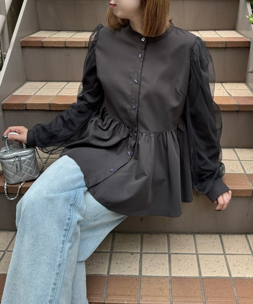 clear（クリア）の「長袖チュールドッキングペプラムブラウス [ふんわり 美シルエット]≪再入荷≫（シャツ/ブラウス・レディース・チャコールグレー/オフホワイト/ブルーグレー・F）」の11枚目の写真