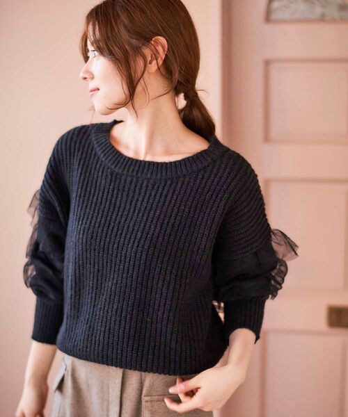 le.coeur blanc(ルクールブラン)の「チュール使いボリュームニットプルオーバー(ニット/セーター・レディース・ブラック/グレイッシュベージュ/グレー・38)」の1枚目の写真
