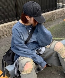 XU | ストリートファッション XU エックスユー washed design sweatshirt ウォッシュドデザインスウェットシャツ 刺しゅうロゴスウェット トレーナー 長袖スウェットシャツ オーバーサイズ 韓国ストリート ストリートファッション グランジ(スウェット)