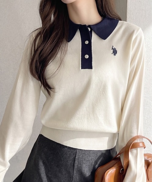 U.S. POLO ASSN.(ユーエスポロアッスン)の「U.S. POLO ASSN. ×Ada. /ユーエスポロアッスンコンパクトニットポロシャツ(ポロシャツ・レディース・グレー/ホワイト/ネイビー/ブラウン/ピンク・FREE)」の2枚目の写真