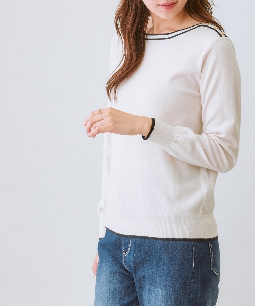 7days Life Styling（セブンデイズライフスタイリング）の「肩ボタン配色ボートネックニット（毛玉になりにくい・タンブル乾燥OK）（ニット/セーター・レディース・アイボリー/杢グレー/ブラック・S/M/L/LL/3L）」の2枚目の写真