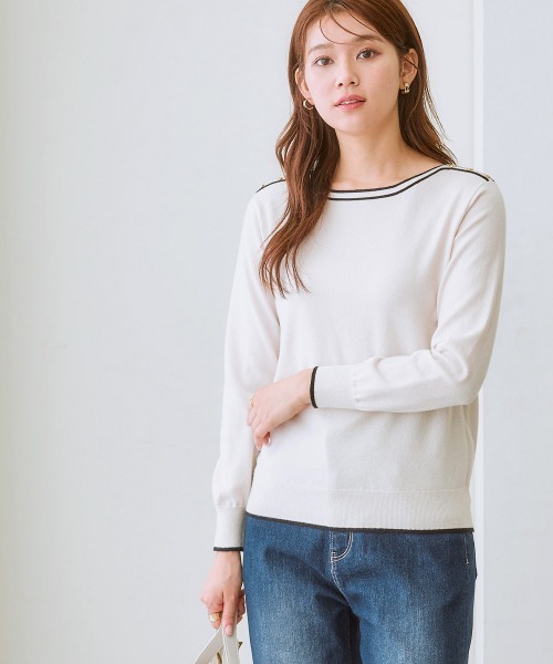 7days Life Styling（セブンデイズライフスタイリング）の「肩ボタン配色ボートネックニット（毛玉になりにくい・タンブル乾燥OK）（ニット/セーター・レディース・アイボリー/杢グレー/ブラック・S/M/L/LL/3L）」の13枚目の写真