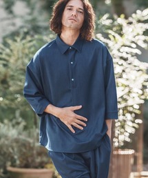 ms5955-Denim Like Drape Turquoise Button Pullover Shirts プルオーバーシャツ