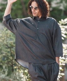 ms5955-Denim Like Drape Turquoise Button Pullover Shirts プルオーバーシャツ