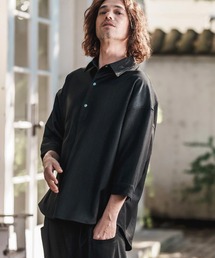 ms5955-Denim Like Drape Turquoise Button Pullover Shirts プルオーバーシャツ