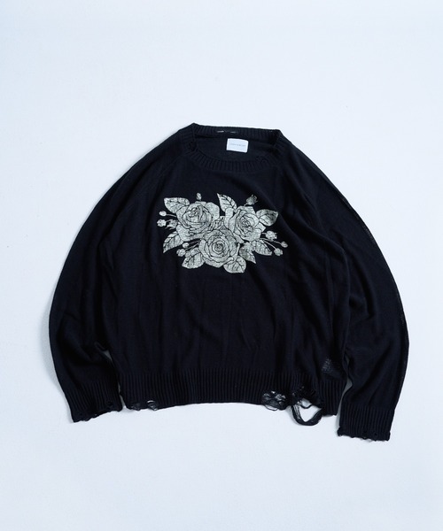 flower paint broken long sleeve sheer sweater / フラワー