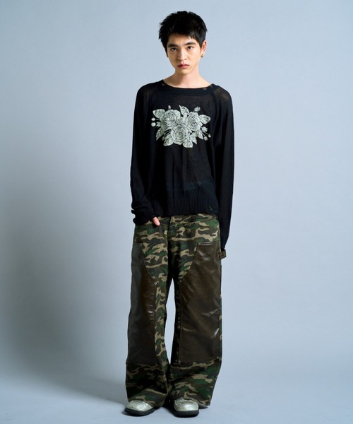 web限定セール flower paint フラワー / sweater sheer sleeve long broken トップス