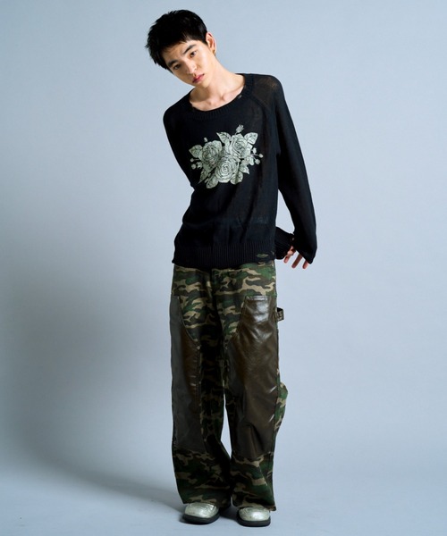 Camphor wood /フラワープリントシアーロングスリーブニット flower paint broken long sleeve sheer sweater / フラワー