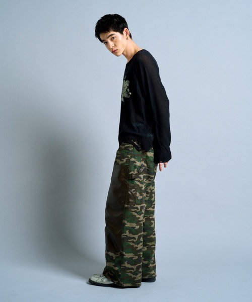 flower paint broken long sleeve sheer sweater / フラワー