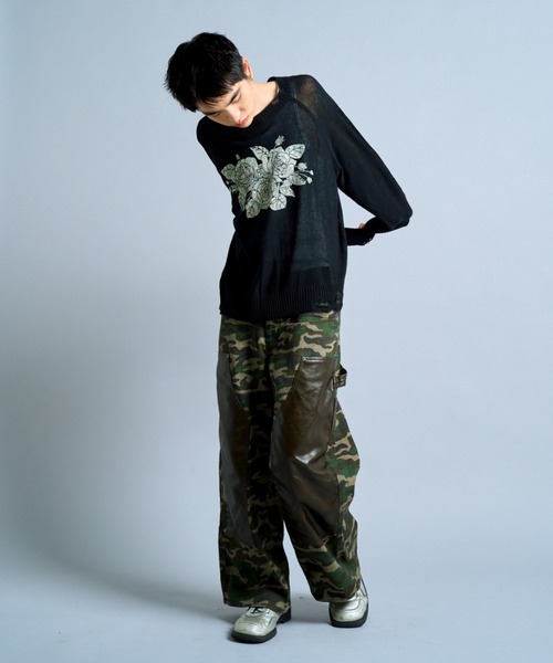 CAMPHOR WOOD（カンファーウッド）の「flower paint broken long sleeve sheer sweater / フラワープリントシアーロングスリーブニット（ニット/セーター・メンズ・ブラック/ミント・LARGE/MEDIUM）」の14枚目の写真