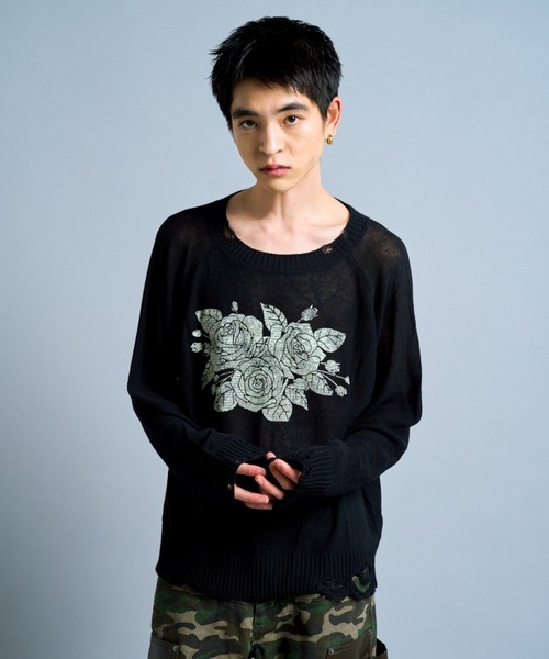 Camphor wood /フラワープリントシアーロングスリーブニット flower paint broken long sleeve sheer sweater / フラワー
