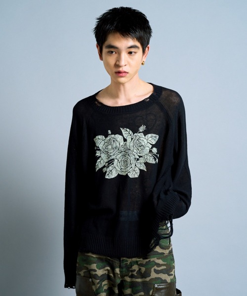 flower paint broken long sleeve sheer sweater / フラワー