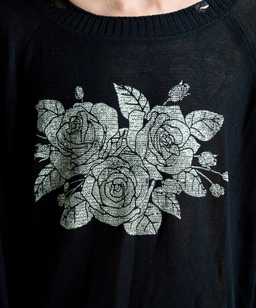 flower paint broken long sleeve sheer sweater / フラワー