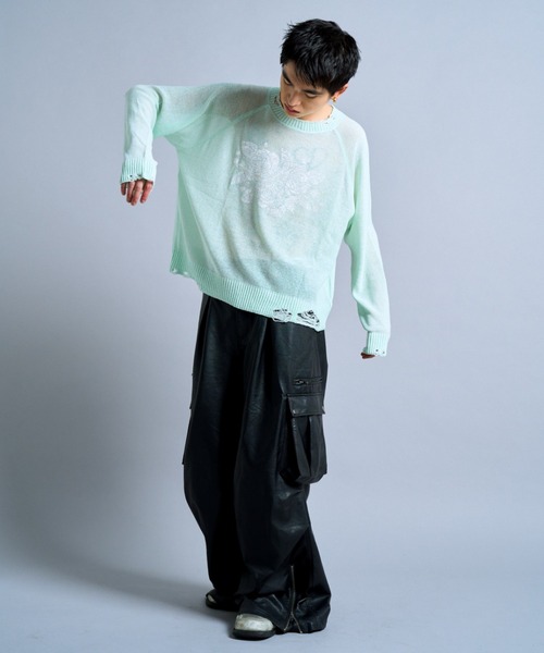 CAMPHOR WOOD（カンファーウッド）の「flower paint broken long sleeve sheer sweater / フラワープリントシアーロングスリーブニット（ニット/セーター・メンズ・ブラック/ミント・LARGE/MEDIUM）」の5枚目の写真