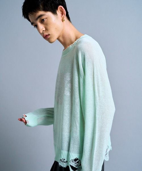 flower paint broken long sleeve sheer sweater / フラワー