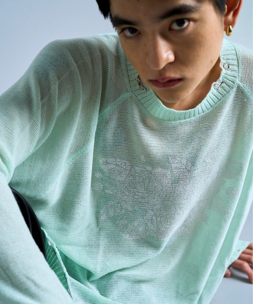 flower paint broken long sleeve sheer sweater / フラワー