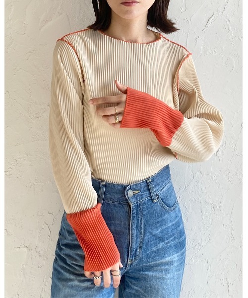 セール】ボートネックメロウフリル長袖配色袖切り替えプリーツ  