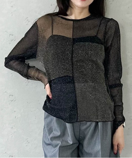 Per sist ence(パーシエンス)の「ラメシアーメロウ配色パッチワークプルオーバー(Tシャツ/カットソー・レディース・グレー/アイボリー/ブラック・FREE)」の1枚目の写真