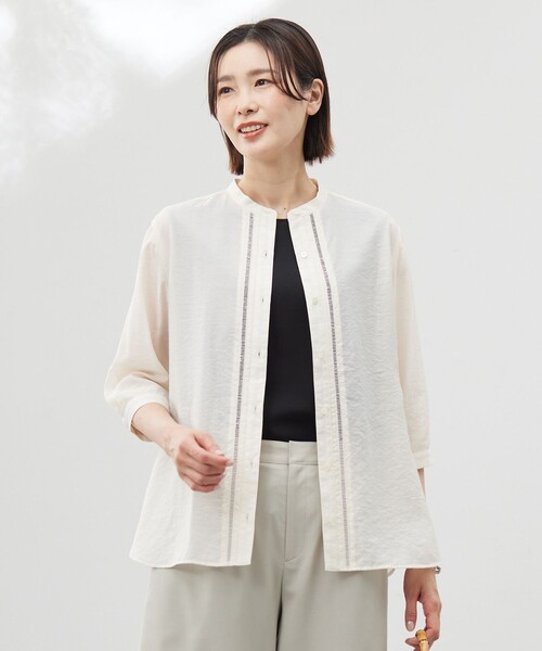 J.PRESS(ジェイプレス)の「【WEB限定カラーあり・洗える】Sheer Vis リネン バンドカラー ブラウス(シャツ/ブラウス・レディース・サックスブルー系/カーキ系/アイボリー系/ネイビー系・T13/T15)」の1枚目の写真