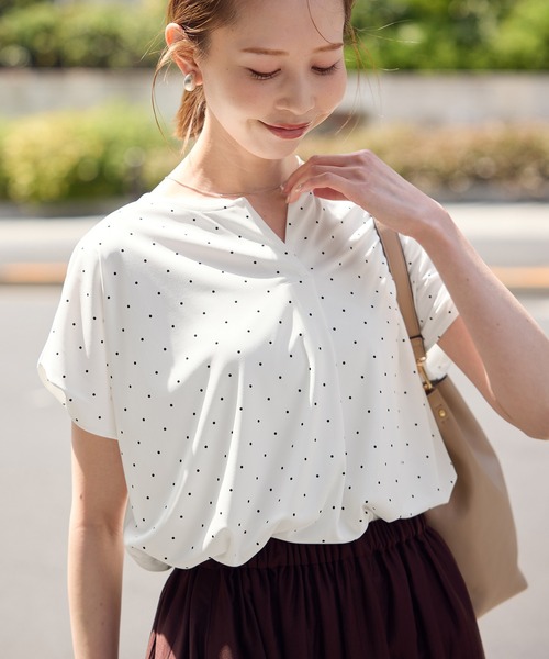 tシャツ 「UVカット/接触冷感/吸水速乾」ストレッチジョーゼット ボウタイ カットソー レディース UVカット/接触冷感/吸水速乾】ストレッチジョーゼット ボウタイ