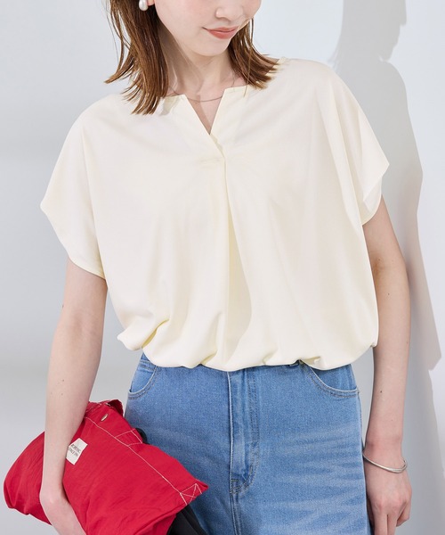 【すっきり見え！長め丈／接触冷感／マシンウォッシュ可】スキッパーネックジャージトップス Reflect tシャツ 「すっきり見え！長め丈／接触冷感／マシン