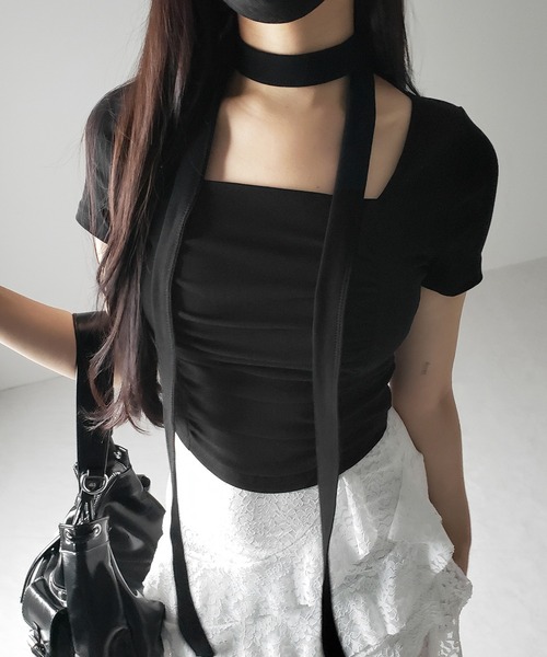 ♪パウスカート&Tシャツ&ロングネックレスset♪ 2WAY 】チョーカーロングタイ付き スクエアネックギャザー