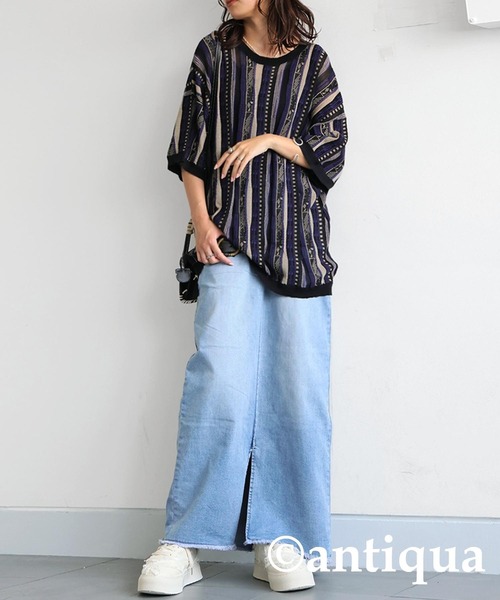 コーデセット　ゆるニット　フリンジデニム RE730 セーター ニット Cute fringe wide knit sweater / 可愛い