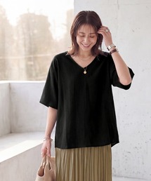微シアー楊柳VネックTシャツ型ブラウス