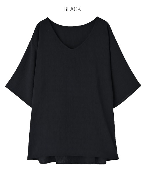 STYLE DELI(スタイルデリ)の「微シアー楊柳VネックTシャツ型ブラウス(シャツ/ブラウス・レディース・ブラック/ホワイト・FREE)」の16枚目の写真