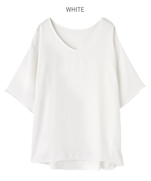 STYLE DELI(スタイルデリ)の「微シアー楊柳VネックTシャツ型ブラウス(シャツ/ブラウス・レディース・ブラック/ホワイト・FREE)」の17枚目の写真