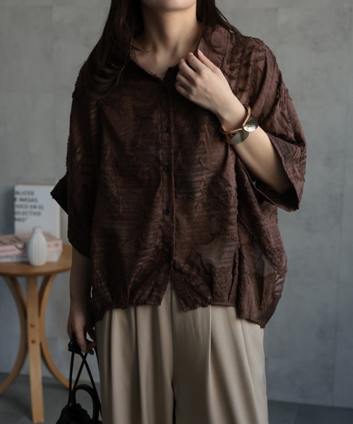 ap retro（アプレトロ）の「ジャガードフラワーブラウス / シアーシャツ《動画あり》（シャツ/ブラウス・レディース・ブラック/ホワイト/ライトブルー/ボルドー/ブラウン・FREE）」の22枚目の写真