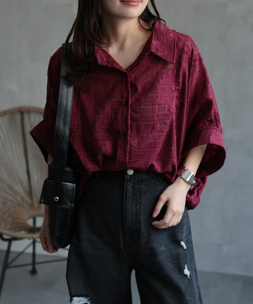 ap retro（アプレトロ）の「ジャガードフラワーブラウス / シアーシャツ《動画あり》（シャツ/ブラウス・レディース・ブラック/ホワイト/ライトブルー/ボルドー/ブラウン・FREE）」の13枚目の写真