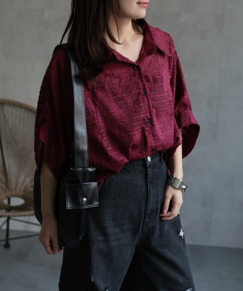 ap retro（アプレトロ）の「ジャガードフラワーブラウス / シアーシャツ《動画あり》（シャツ/ブラウス・レディース・ブラック/ホワイト/ライトブルー/ボルドー/ブラウン・FREE）」の15枚目の写真