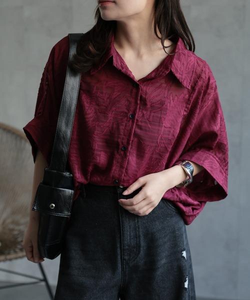 ap retro（アプレトロ）の「ジャガードフラワーブラウス / シアーシャツ《動画あり》（シャツ/ブラウス・レディース・ブラック/ホワイト/ライトブルー/ボルドー/ブラウン・FREE）」の18枚目の写真