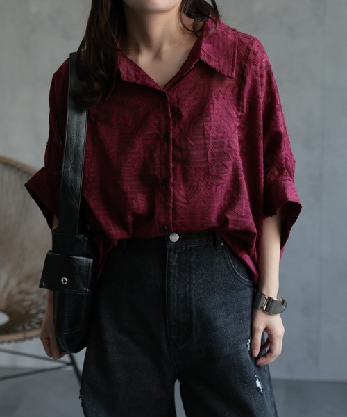 ap retro（アプレトロ）の「ジャガードフラワーブラウス / シアーシャツ《動画あり》（シャツ/ブラウス・レディース・ブラック/ホワイト/ライトブルー/ボルドー/ブラウン・FREE）」の12枚目の写真