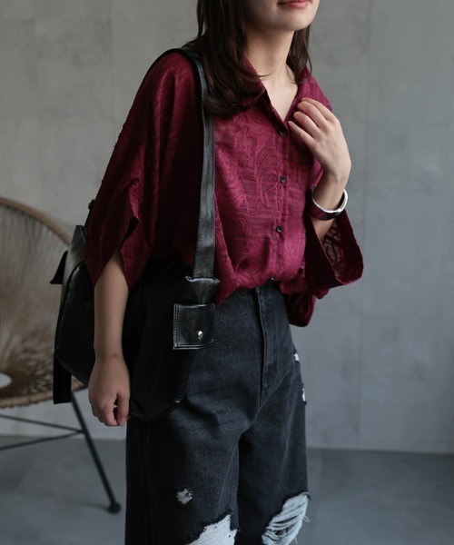 ap retro（アプレトロ）の「ジャガードフラワーブラウス / シアーシャツ《動画あり》（シャツ/ブラウス・レディース・ブラック/ホワイト/ライトブルー/ボルドー/ブラウン・FREE）」の17枚目の写真